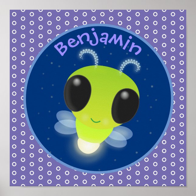 Cute green glow bug firefly cartoon illustration poster (Front)