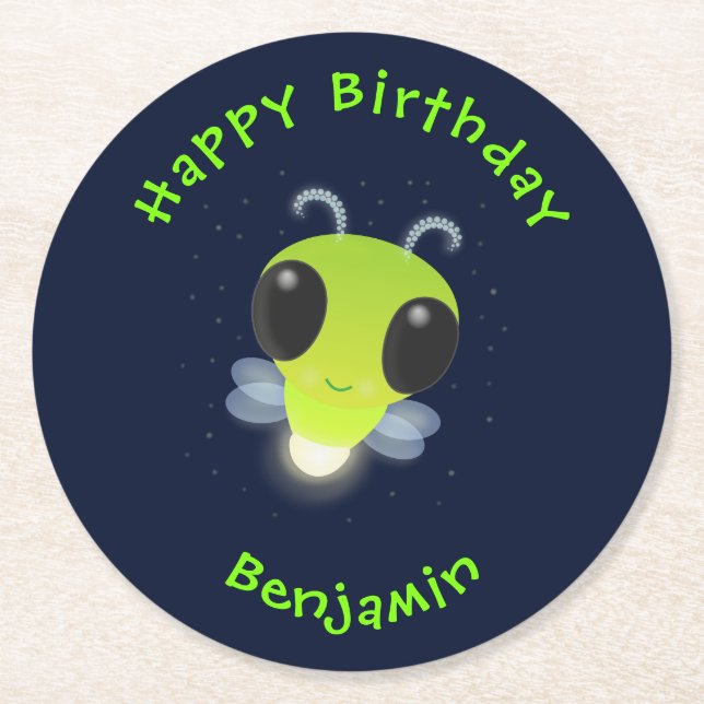 Cute green glow bug firefly cartoon illustration round paper coaster (Front)
