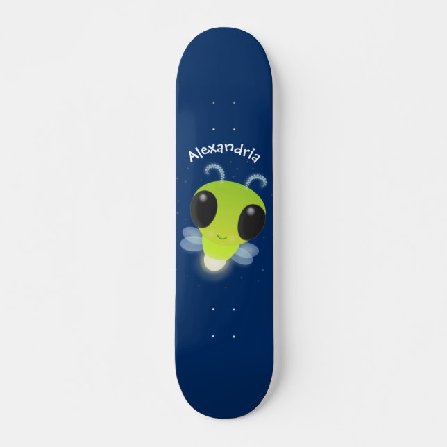 Cute green glow bug firefly cartoon illustration skateboard (Front)