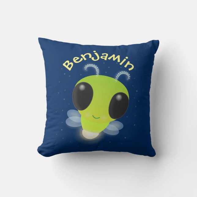 Cute green glow bug firefly cartoon illustration throw pillow (Front)