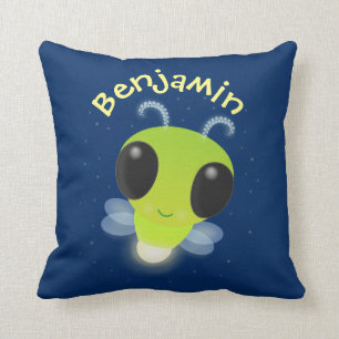 Cute green glow bug firefly cartoon illustration throw pillow
