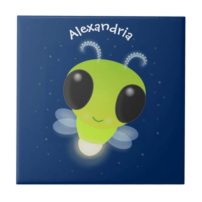 Cute green glow bug firefly cartoon illustration tile (Front)