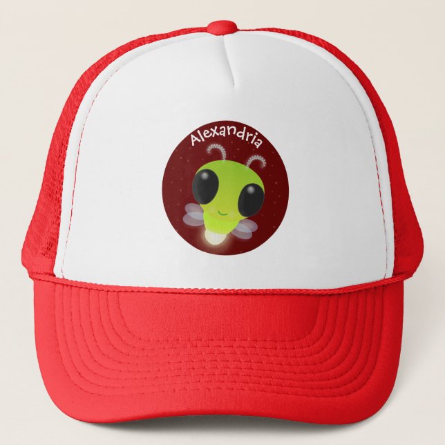 Cute green glow bug firefly cartoon illustration trucker hat (Front)