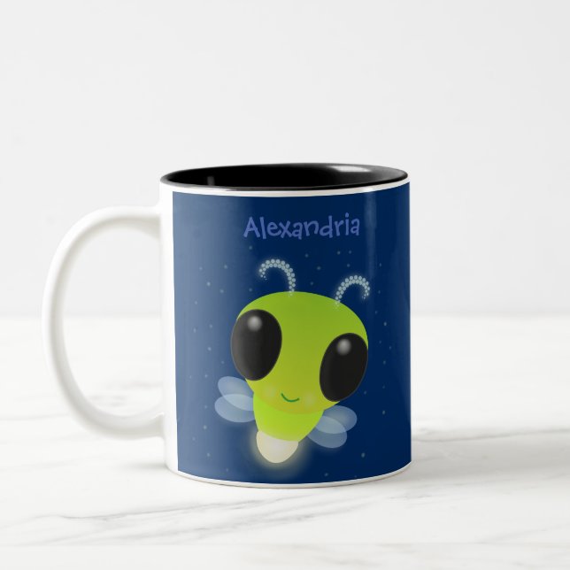 Cute green glow bug firefly cartoon illustration Two-Tone coffee mug (Left)