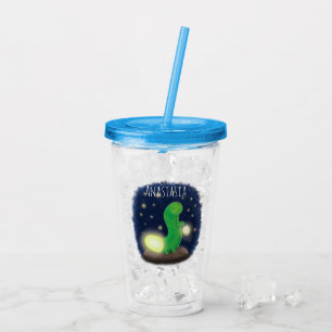 Cute green glow worm cartoon illustration acrylic tumbler