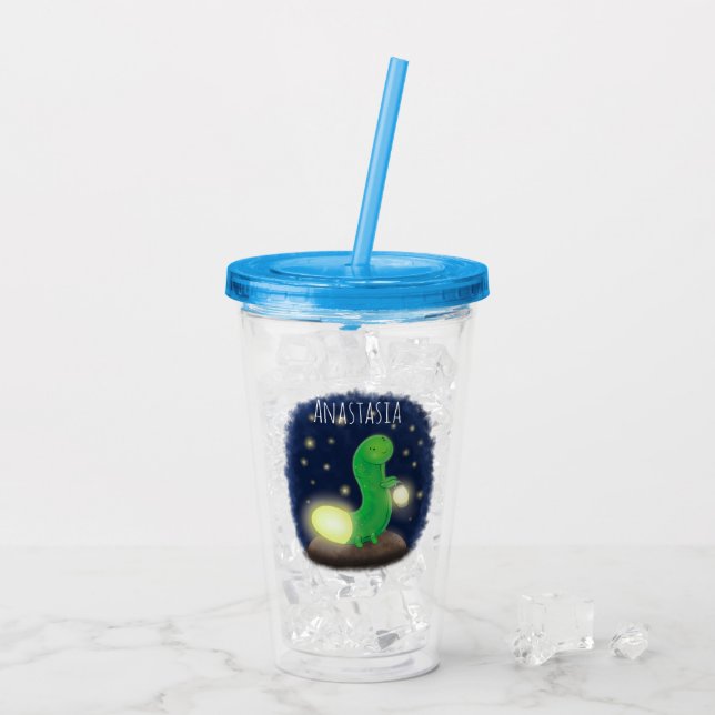 Cute green glow worm cartoon illustration acrylic tumbler (Back Ice)