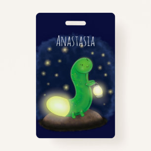 Cute green glow worm cartoon illustration badge