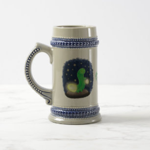Cute green glow worm cartoon illustration beer stein