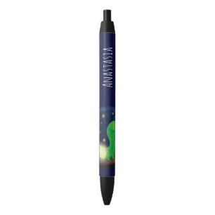 Cute green glow worm cartoon illustration black ink pen