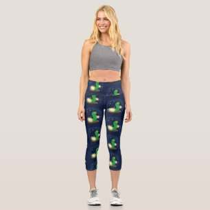 Cute green glow worm cartoon illustration capri leggings
