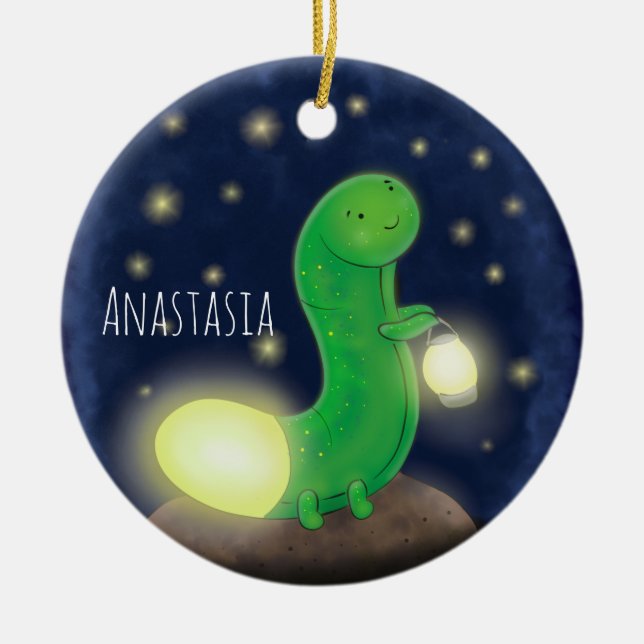 Cute green glow worm cartoon illustration ceramic ornament (Front)