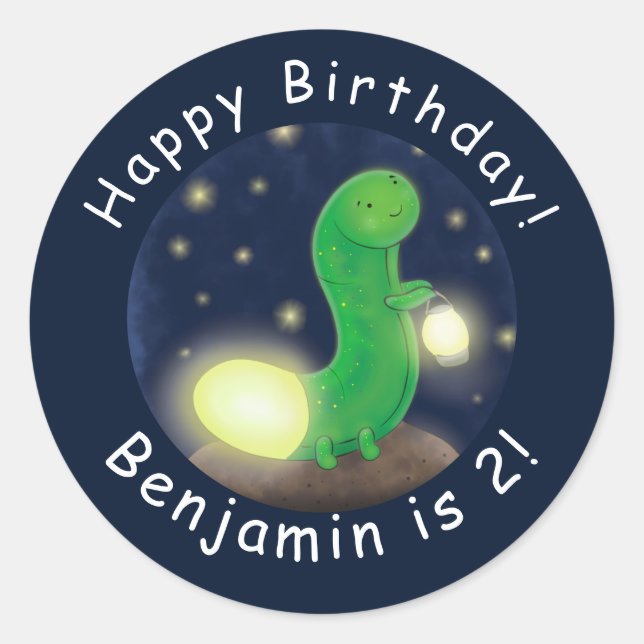 Cute green glow worm cartoon illustration classic round sticker (Front)