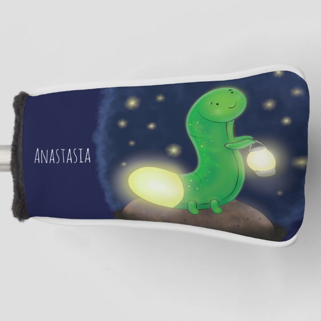 Cute green glow worm cartoon illustration golf head cover (Front)