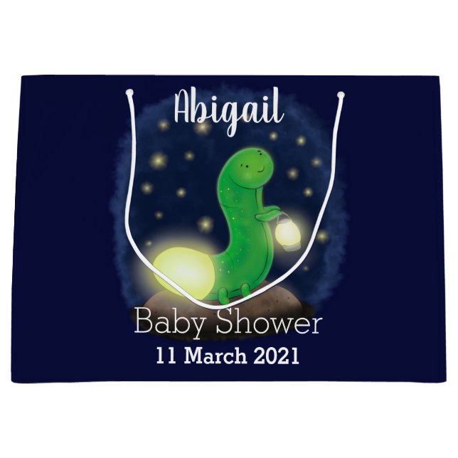 Cute green glow worm cartoon illustration large gift bag (Front)