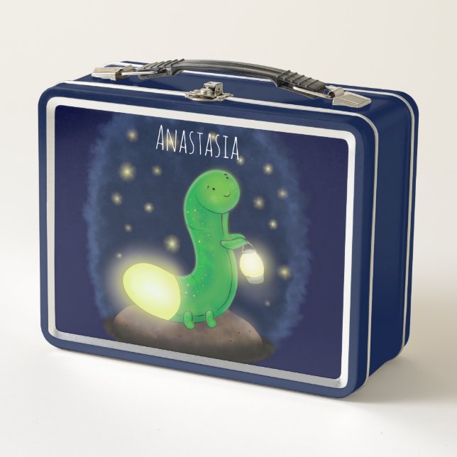 Cute green glow worm cartoon illustration metal lunch box (Front)