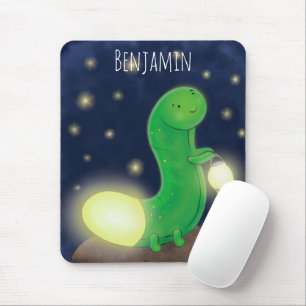 Cute green glow worm cartoon illustration mouse pad