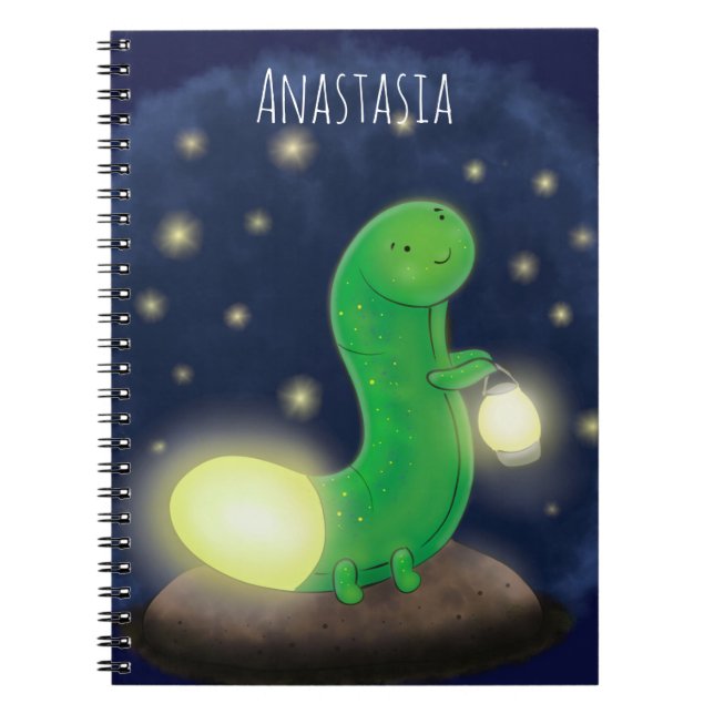 Cute green glow worm cartoon illustration notebook (Front)