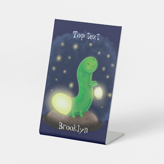 Cute green glow worm cartoon illustration pedestal sign (Front)