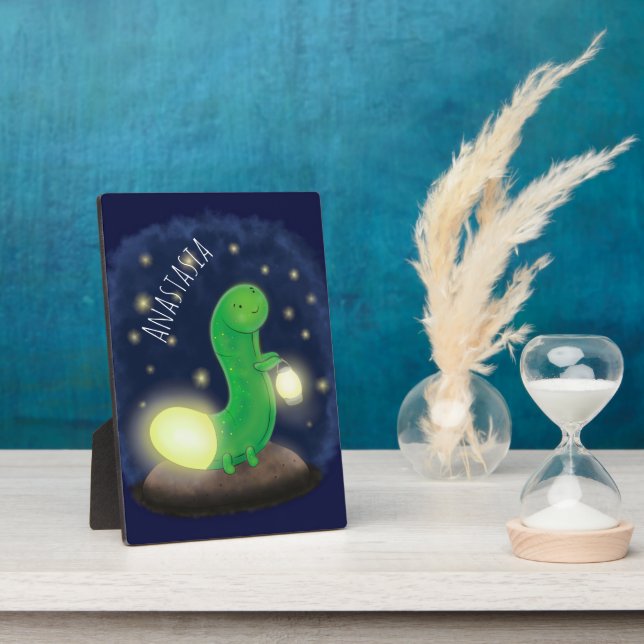 Cute green glow worm cartoon illustration plaque (Side)