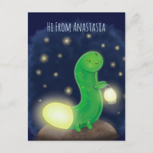 Cute green glow worm cartoon illustration postcard