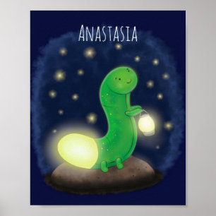 Cute green glow worm cartoon illustration poster
