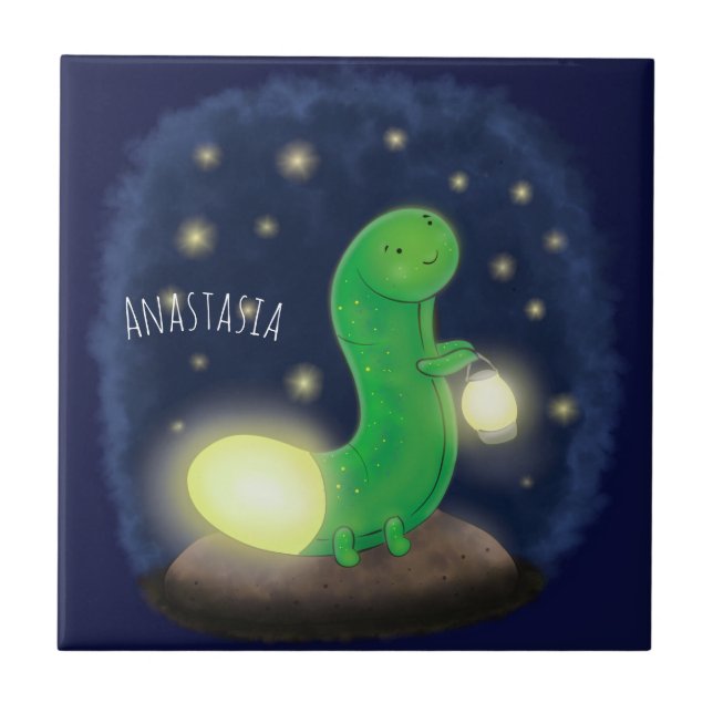 Cute green glow worm cartoon illustration tile (Front)