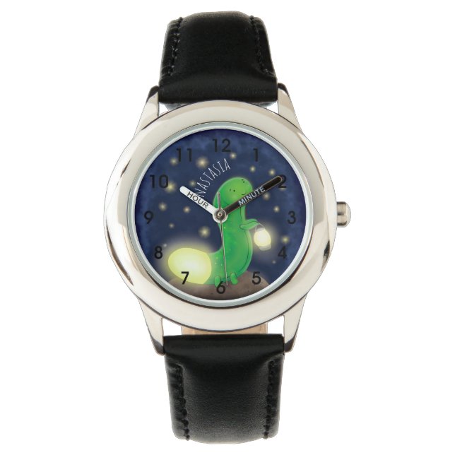 Cute green glow worm cartoon illustration watch (Front)