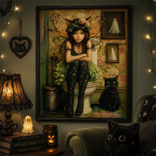 Cute Green Goth Fairy Cat Halloween Wall Art