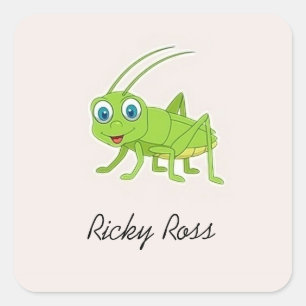 Cute green grasshopper purple square sticker