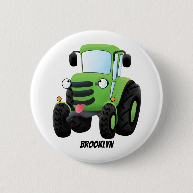 Cute green happy farm tractor cartoon illustration 2 inch round button (Front)