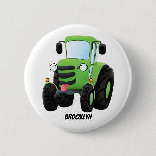 Cute green happy farm tractor cartoon illustration 2 inch round button