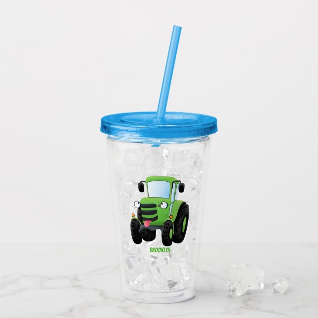 Cute green happy farm tractor cartoon illustration acrylic tumbler (Back Ice)