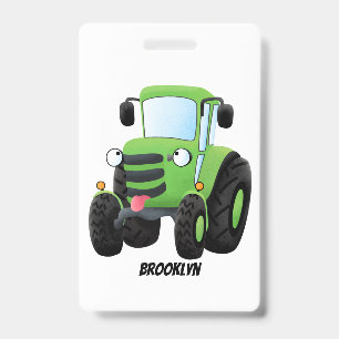 Cute green happy farm tractor cartoon illustration badge