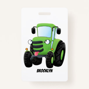Cute green happy farm tractor cartoon illustration badge