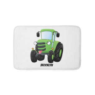 Cute green happy farm tractor cartoon illustration bath mat