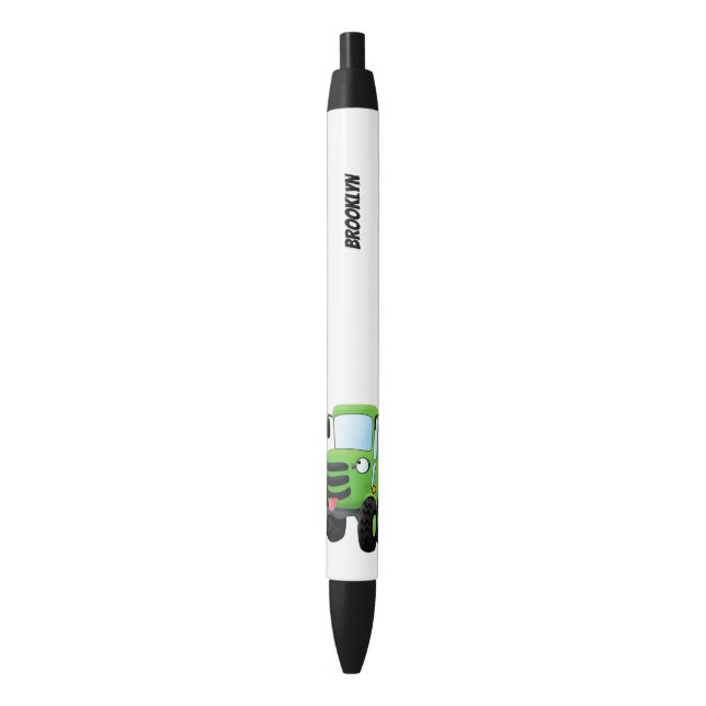 Cute green happy farm tractor cartoon illustration black ink pen (Front Vertical)