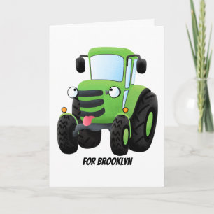 Cute green happy farm tractor cartoon illustration card