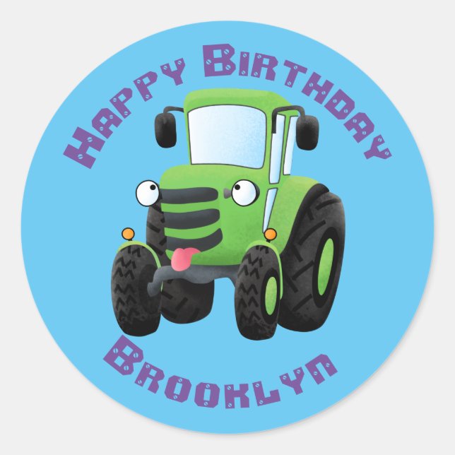 Cute green happy farm tractor cartoon illustration classic round sticker (Front)