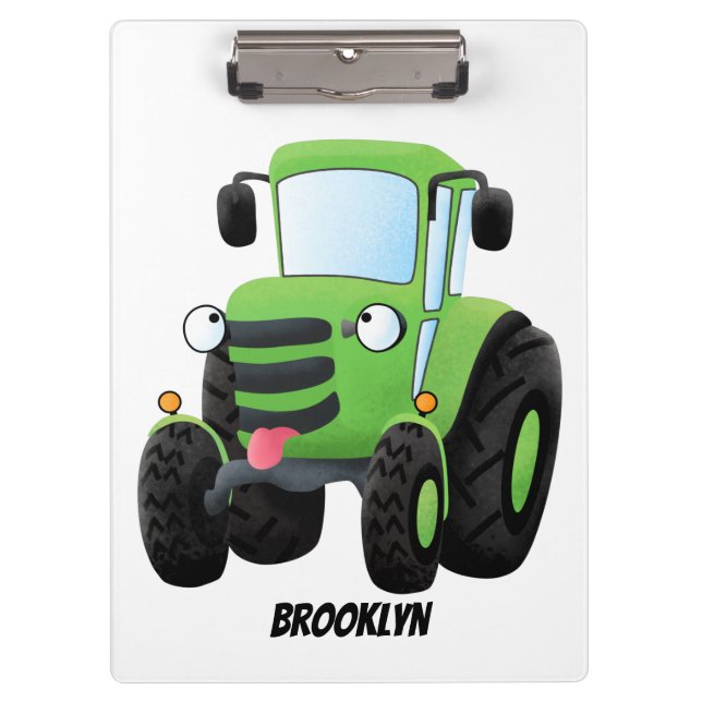 Cute green happy farm tractor cartoon illustration clipboard (Front)
