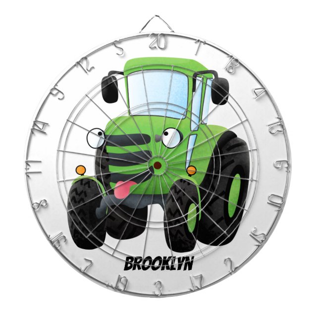 Cute green happy farm tractor cartoon illustration dartboard (Front)