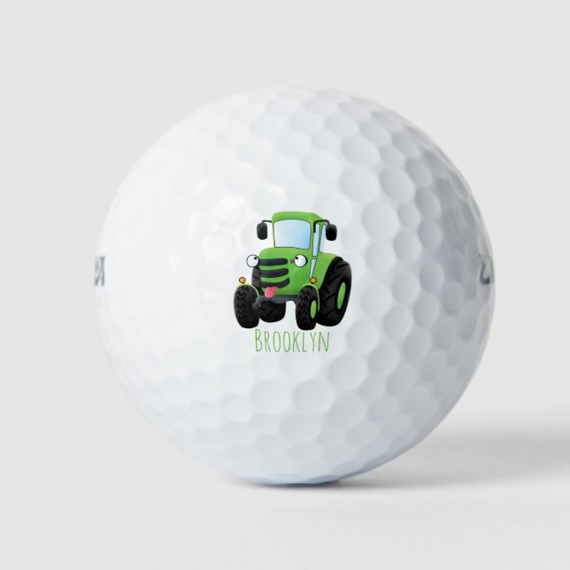 Cute green happy farm tractor cartoon illustration golf balls (Front)