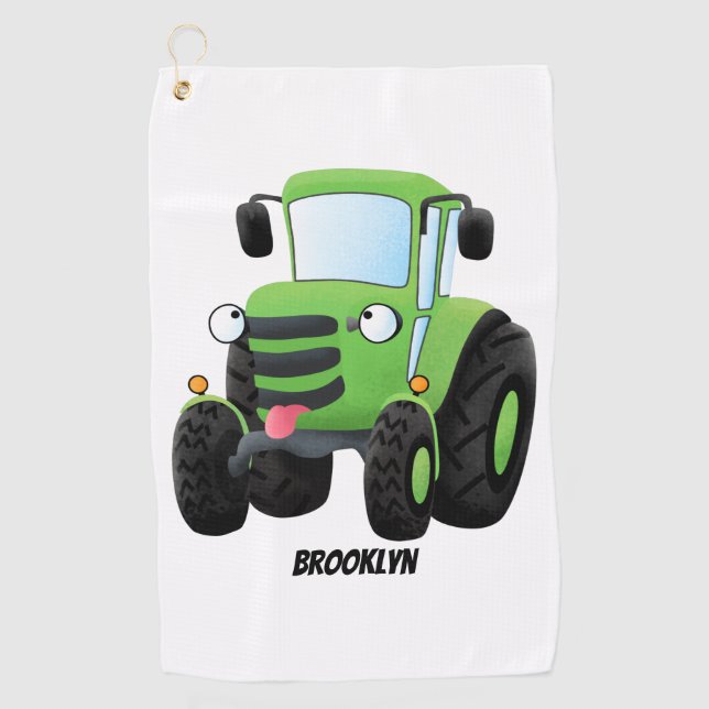 Cute green happy farm tractor cartoon illustration golf towel (Front)