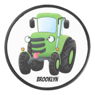 Cute green happy farm tractor cartoon illustration hockey puck