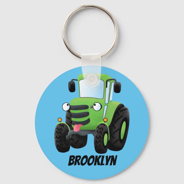 Cute green happy farm tractor cartoon illustration keychain (Front)