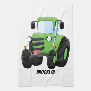 Cute green happy farm tractor cartoon illustration kitchen towel