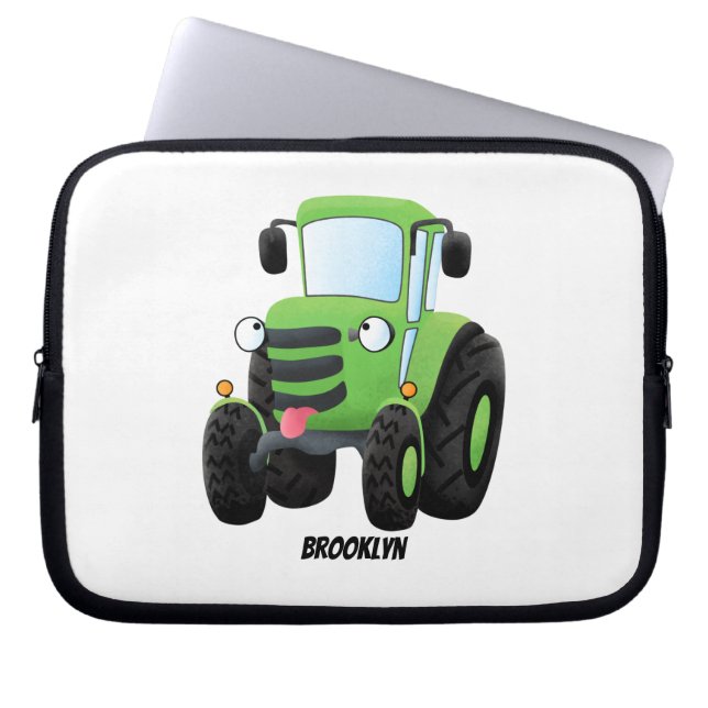 Cute green happy farm tractor cartoon illustration laptop sleeve (Front)