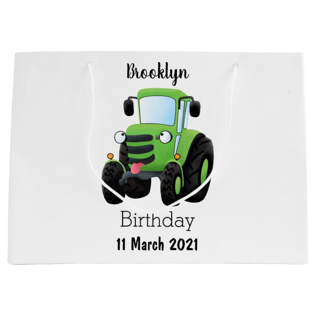 Cute green happy farm tractor cartoon illustration large gift bag (Front)