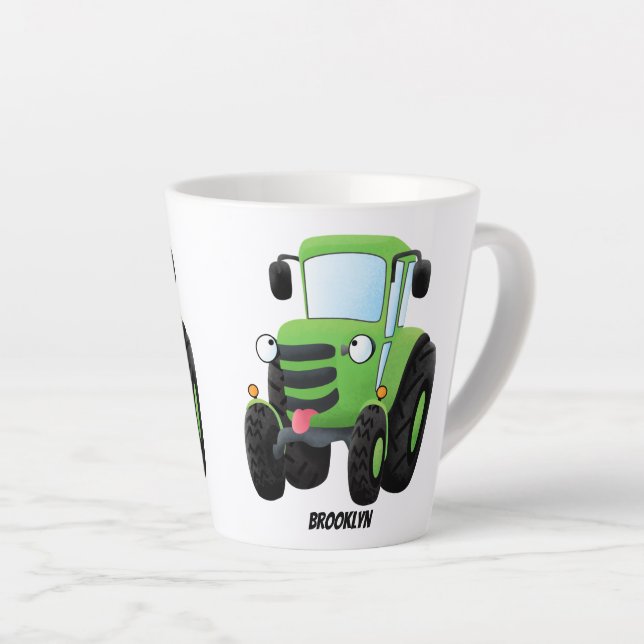 Cute green happy farm tractor cartoon illustration latte mug (Right Angle)