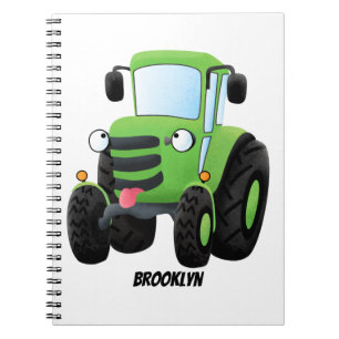 Cute green happy farm tractor cartoon illustration notebook
