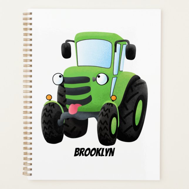 Cute green happy farm tractor cartoon illustration planner (Front)